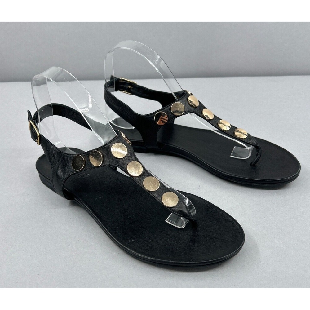 INUOVO Sandals Flip Flops 40 US 10 Thong Black Leather Studded Flat Ankle Strap